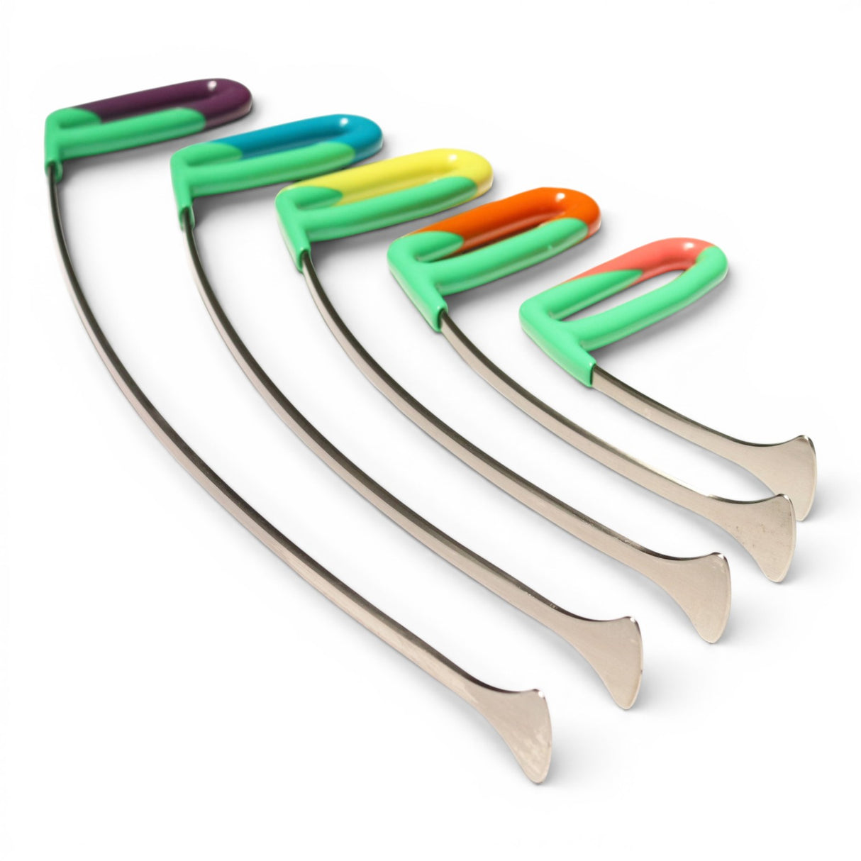 Anson PDR Tequila Rattlesnake PDR tools with 1 1/4" heads in 5 lengths and assorted colored handles: purple, blue, yellow, orange, and pink.