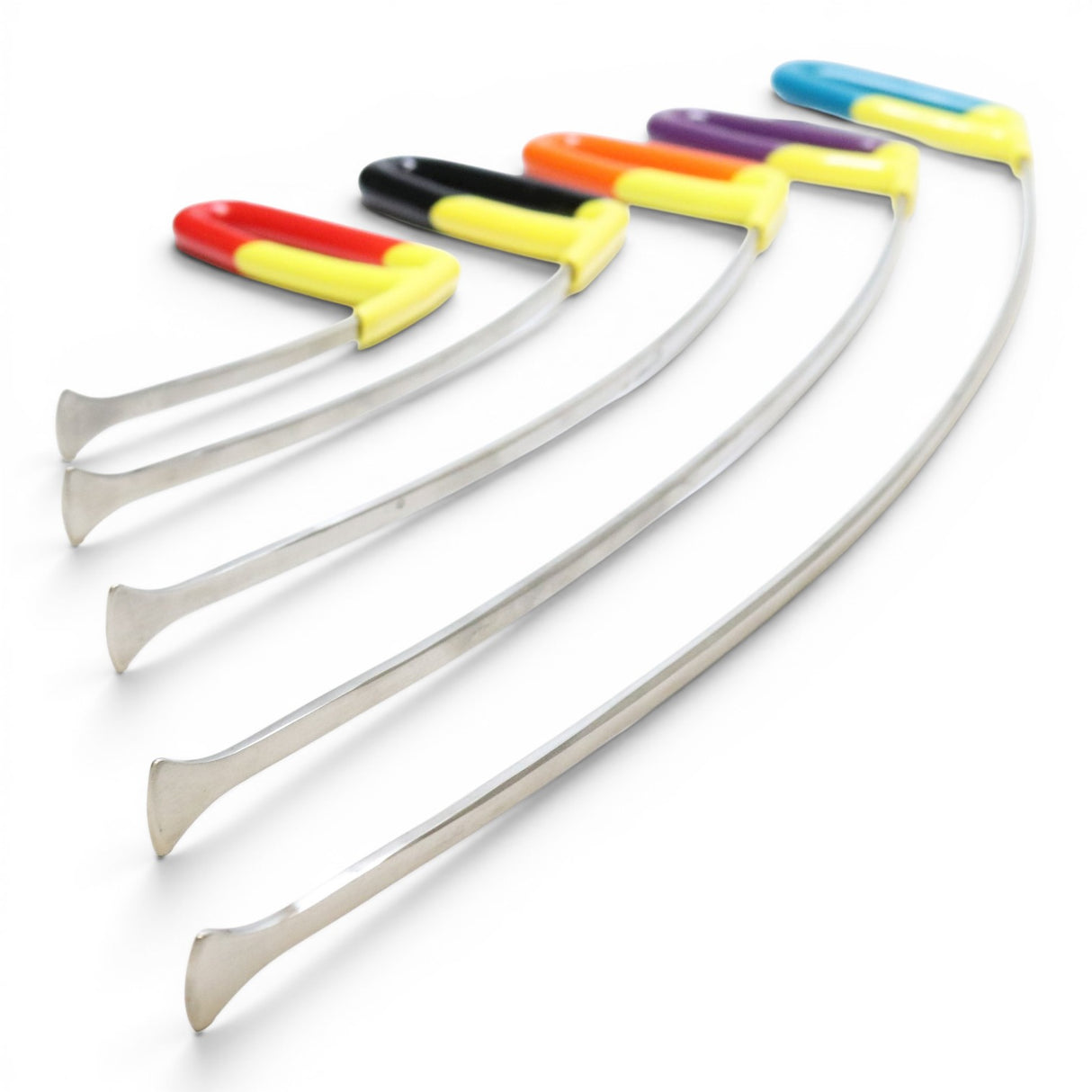 Anson PDR Tequila Rattlesnake 3/4" tail PDR tools with multi-colored handles: red/yellow, black/yellow, orange/yellow, purple/yellow, blue/yellow. Metal shafts.