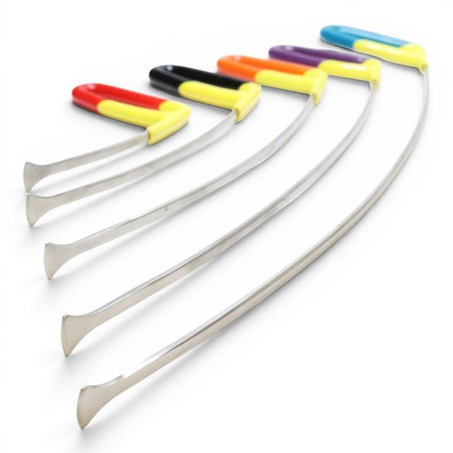 Anson PDR Tequila Rattlesnake 3/4" tail PDR tools with multi-colored handles: red/yellow, black/yellow, orange/yellow, purple/yellow, blue/yellow. Metal shafts.