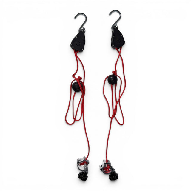 Anson PDR clamp-style rope ratchets with red cords and black pulleys, designed for dent repair hood stands.