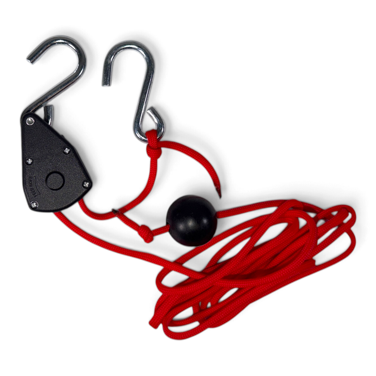 Anson PDR Dent Engineer 1/8 inch rope ratchet with red paracord, black housing, and two steel S-hooks.
