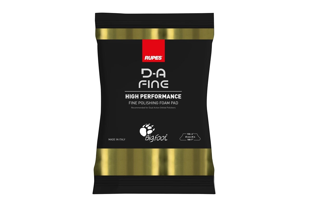 Anson PDR Rupes D-A FINE yellow foam polishing pad in branded black and gold packaging for car paint refinement.