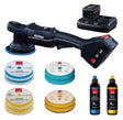Anson PDR Rupes iBrid HLR15 cordless polisher kit with batteries, charger, wool and foam pads, and polishing compounds.