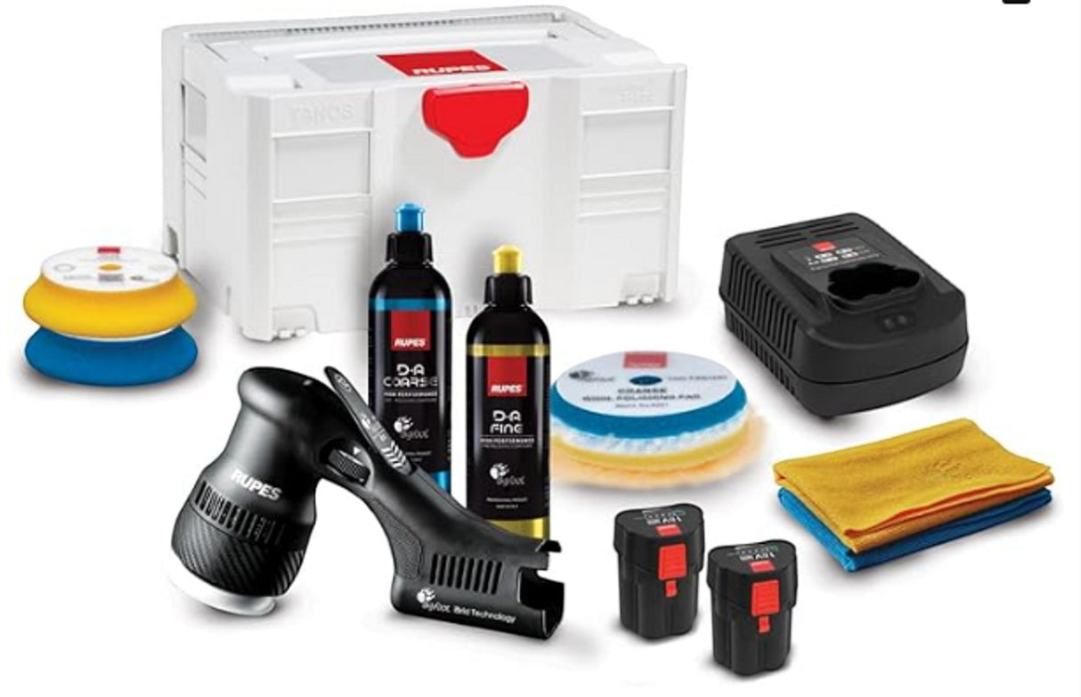 Anson PDR Rupes iBrid MINI polisher kit with cordless tool, batteries, foam pads, polishing compounds, and cloths.