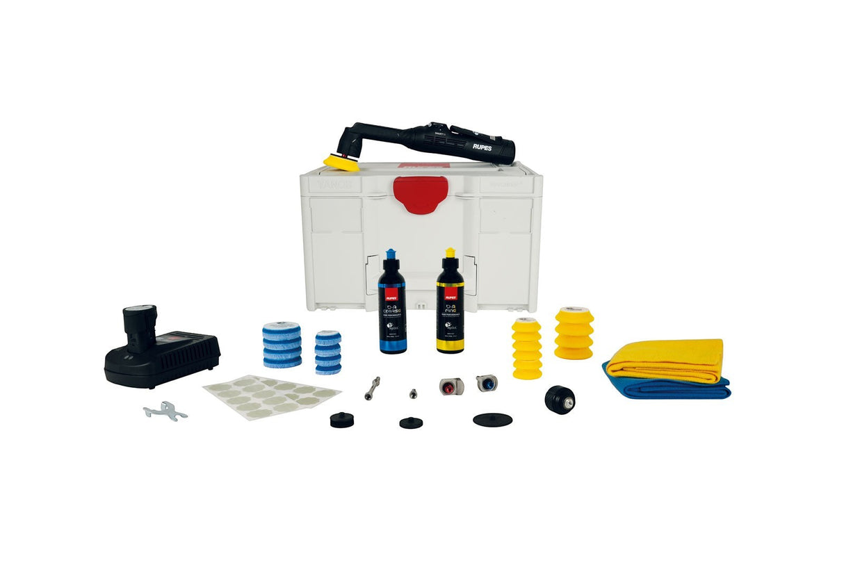 Anson PDR Rupes BIGFOOT iBRID NANO II polisher kit with various pads, compounds, and accessories in a storage case.