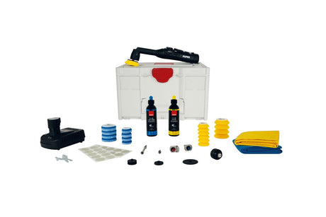 Anson PDR Rupes BIGFOOT iBRID NANO II polisher kit with various pads, compounds, and accessories in a storage case.