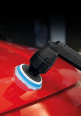 Anson PDR Rupes BIGFOOT iBrid Nano II polisher with a blue and white wool pad buffing a glossy red car surface