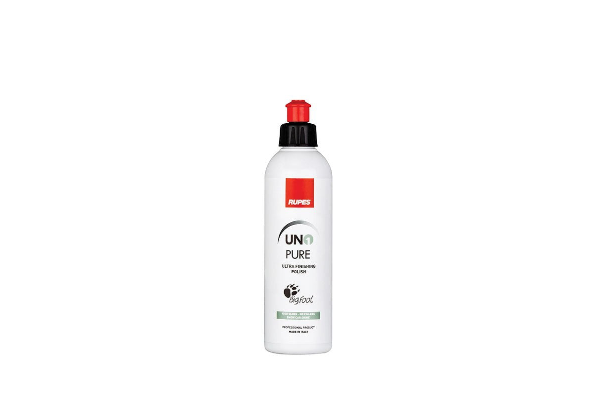 Anson PDR Rupes UNO Pure ultra-fine car finishing polish in a 250ml white bottle with a red cap.