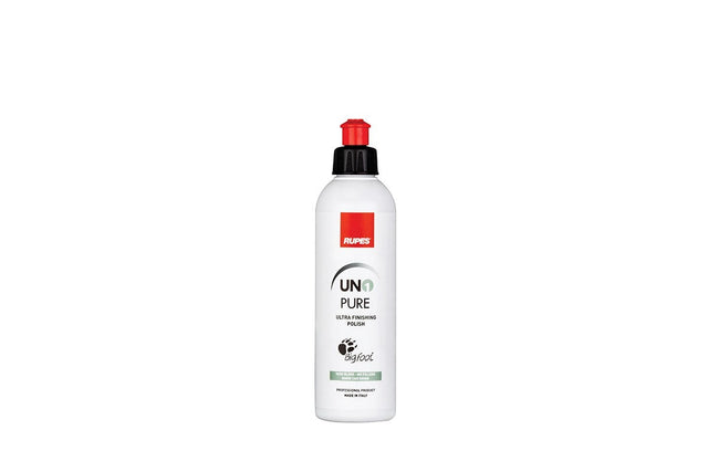 Anson PDR Rupes UNO Pure ultra-fine car finishing polish in a 250ml white bottle with a red cap.