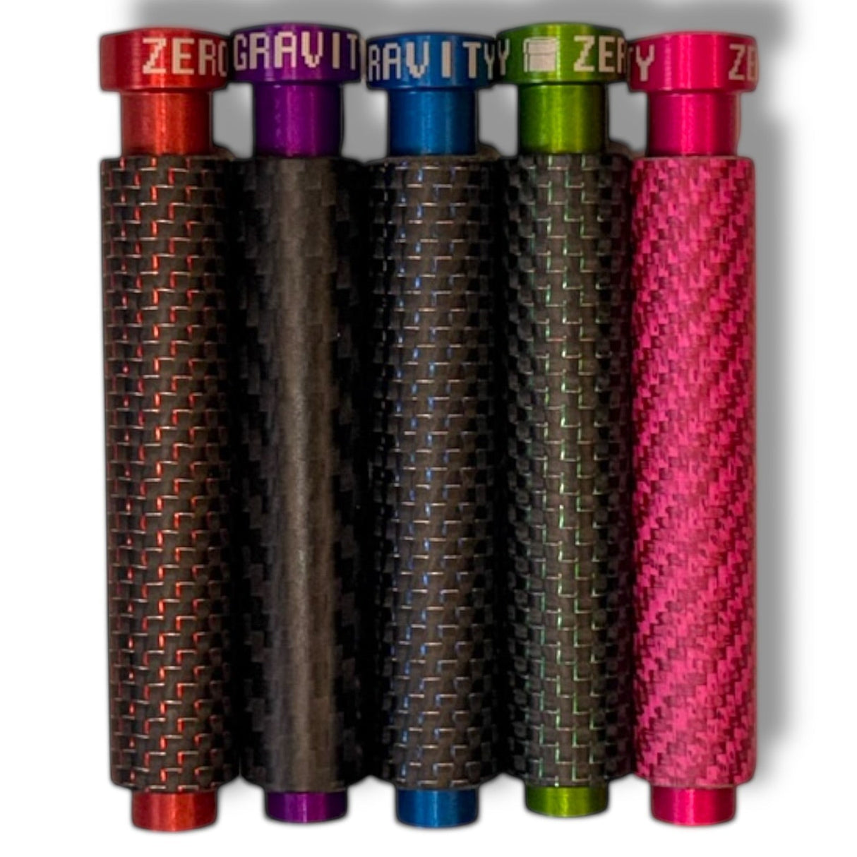 Anson PDR ShockBlocker Zero Gravity knockdowns featuring carbon fiber sleeves in red, purple, blue, green, and pink.