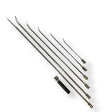 Anson PDR stainless steel ice pick set with inline grip handle. Includes 6 picks of varying lengths and diameters with sharp tips.