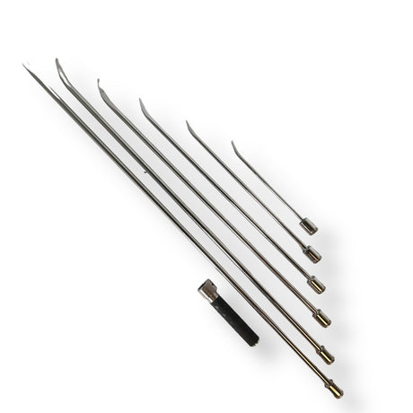 Anson PDR stainless steel ice pick set with inline grip handle. Includes 6 picks of varying lengths and diameters with sharp tips.