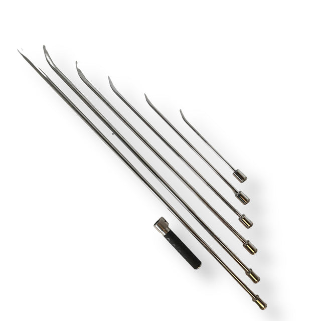 Anson PDR stainless steel ice pick set with inline grip handle. Includes 6 picks of varying lengths and diameters with sharp tips.