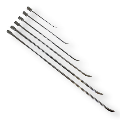 Anson PDR stainless steel ice pick set with inline grip handles, featuring 6 different sizes and sharpened tips.