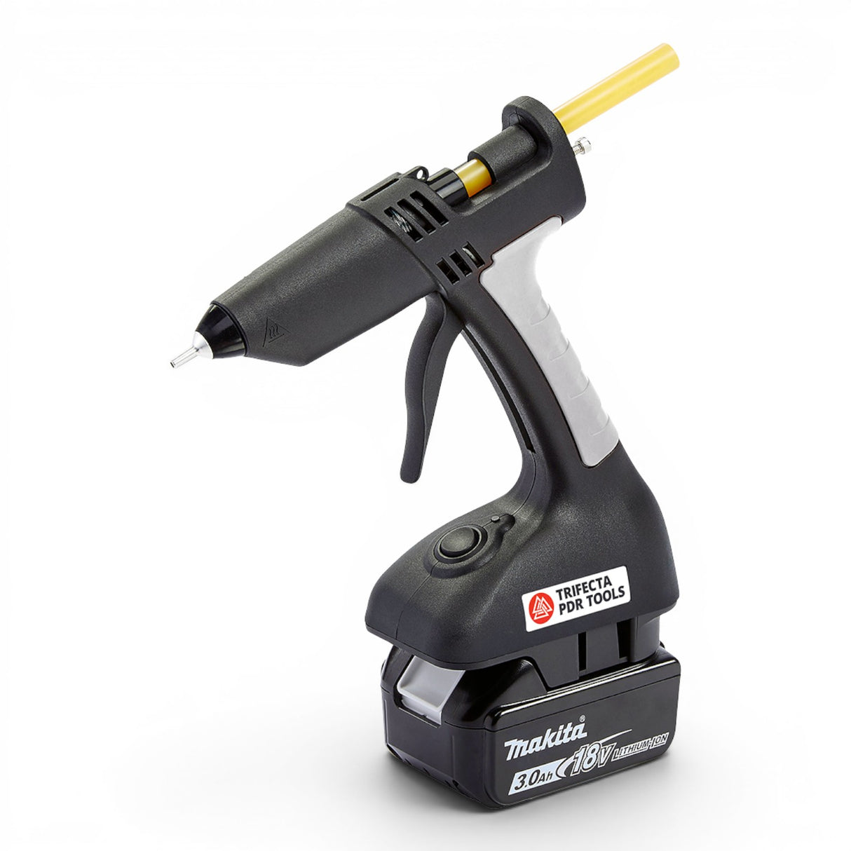 Anson PDR Trifecta cordless glue gun with dual temperature settings and Makita battery. Black and grey plastic construction with yellow glue stick.