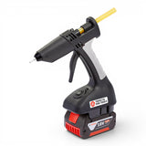 Anson PDR Trifecta cordless glue gun with dual temperature switch and Bosch 18V battery attached.
