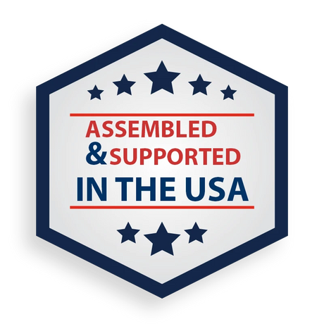 Anson PDR hexagon badge featuring a star design and the text Assembled and Supported in the USA in red and blue