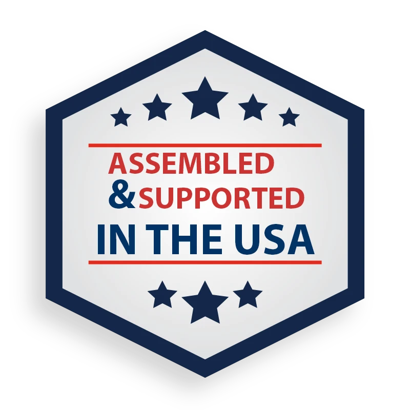 Anson PDR badge stating Assembled and Supported in the USA with stars in a blue and white hexagonal frame