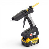 Anson PDR Trifecta cordless glue gun with dual temperature switch and yellow glue stick, black and grey plastic body with DeWalt battery.