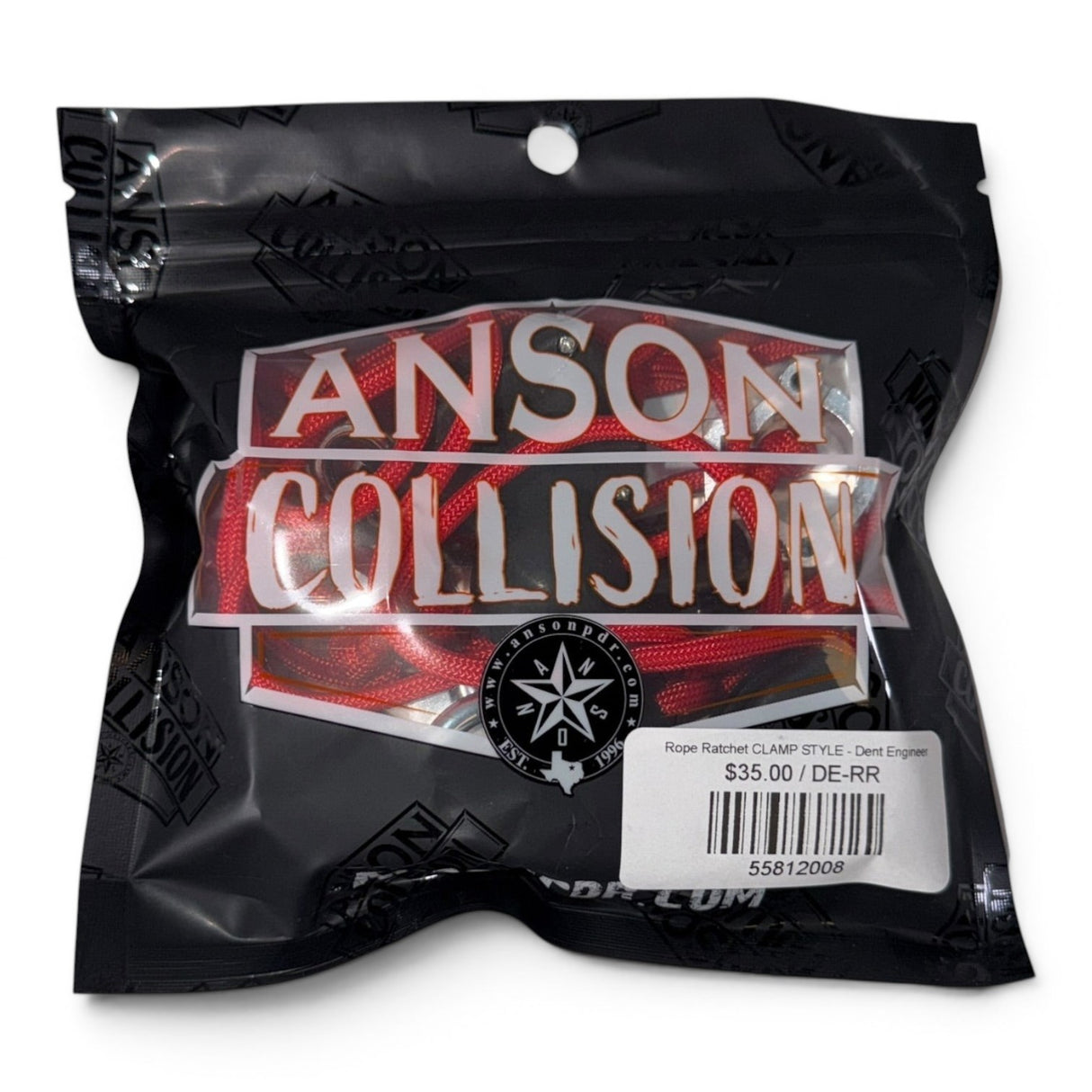 Anson PDR clamp style rope ratchets in red, packaged in a black bag with brand logo.