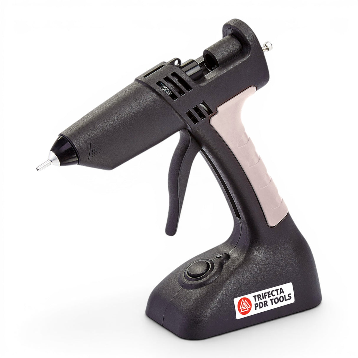 Anson PDR Trifecta dual temperature cordless glue gun with a black body and light grey grip, featuring an extended nozzle.