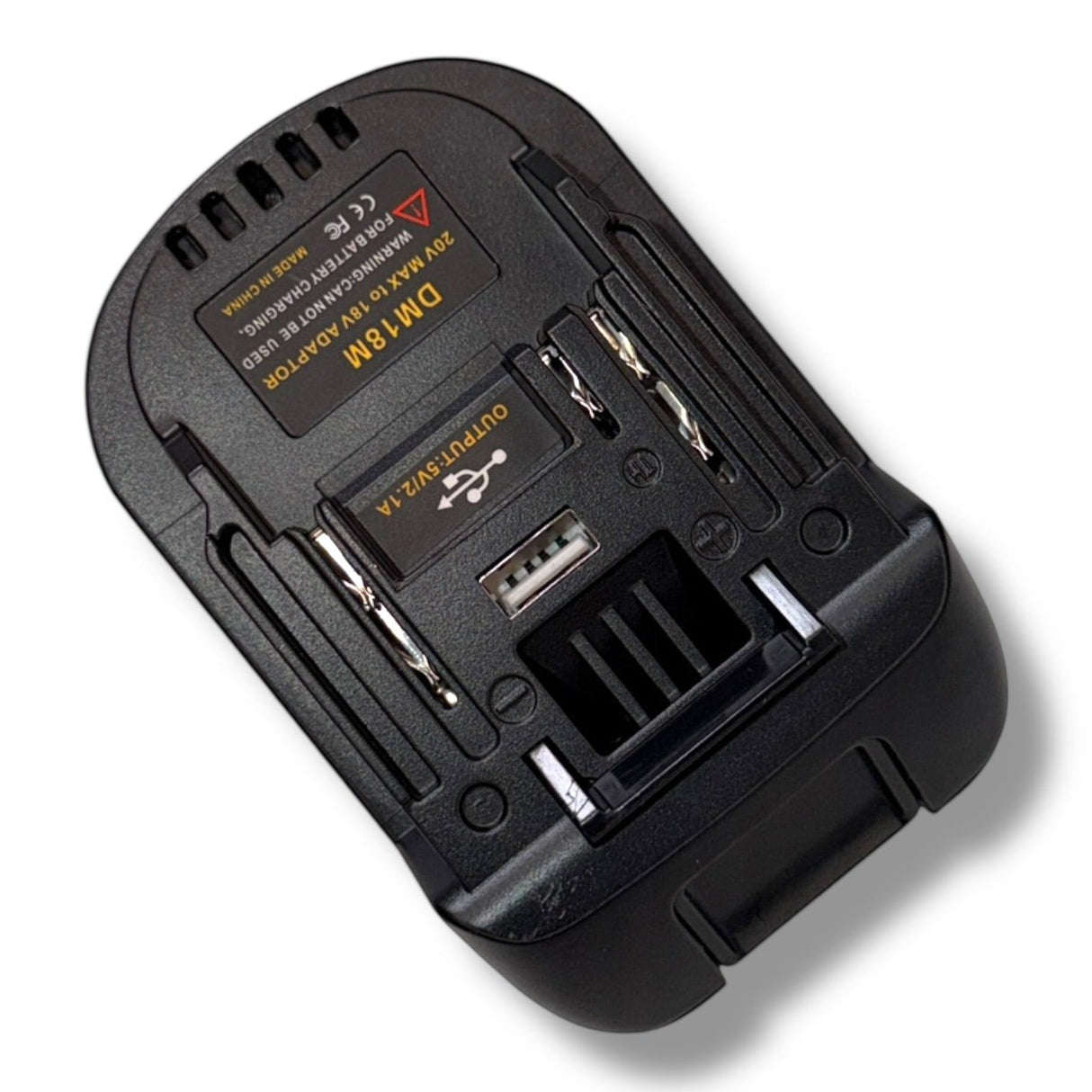 Anson PDR black plastic battery adapter with USB port, converts 20V MAX to 18V tools. Adapts Makita to either Milwaukee or Dewalt