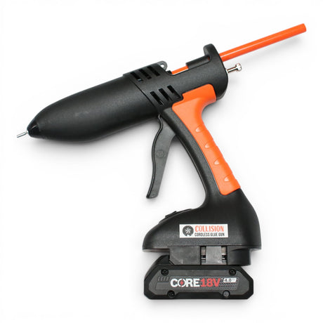 Anson PDR cordless collision glue gun with dual temperature settings, black and orange, powered by Ryobi 18V battery.