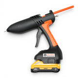 Anson PDR cordless collision glue gun with orange grip and black body, features a dual temperature switch and accepts Ryobi batteries.
