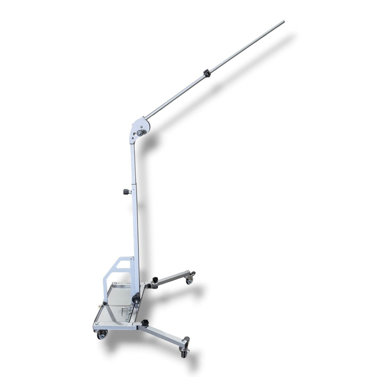 Anson PDR Econo Light Stand with adjustable boom arm and wheels, made of silver aluminum.