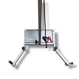 Anson PDR Econo Light Stand base with adjustable legs, battery tray, and cable clips. Silver aluminum construction.