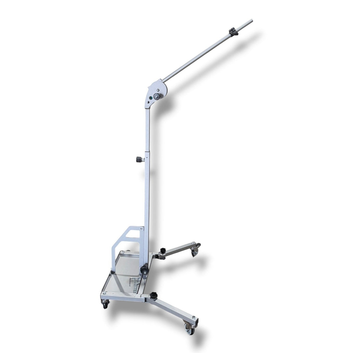 Anson PDR Econo Light Stand with adjustable boom arm and wheeled base, made of silver aluminum.