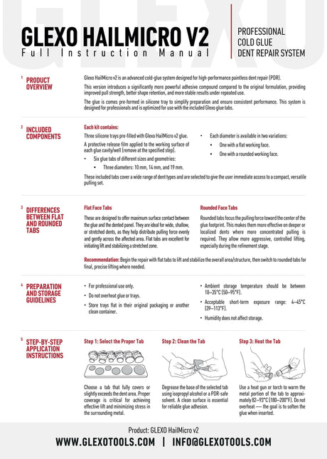 Anson PDR Glexo HailMicro V2 cold glue system instruction manual, detailing product overview, components, tab differences, preparation, and application steps.