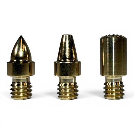 Anson PDR set of three gold metal PDR tips: one sharp point, one blunt cone, and one ridged cylinder. 3/8 inch diameter with 5/16-18 thread.