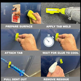 Anson PDR Tab Weld hot melt glue sticks for paintless dent repair, showing steps: cleaning surface, applying glue, attaching tab, waiting, pulling dent, removing residue.