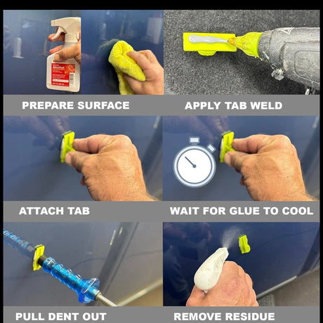 Anson PDR Tab Weld hot melt glue sticks for paintless dent repair, showing steps: cleaning surface, applying glue, attaching tab, waiting, pulling dent, removing residue.