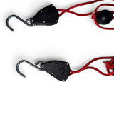 Anson PDR clamp style rope ratchets with red cords and metal hooks, designed for hood stands.
