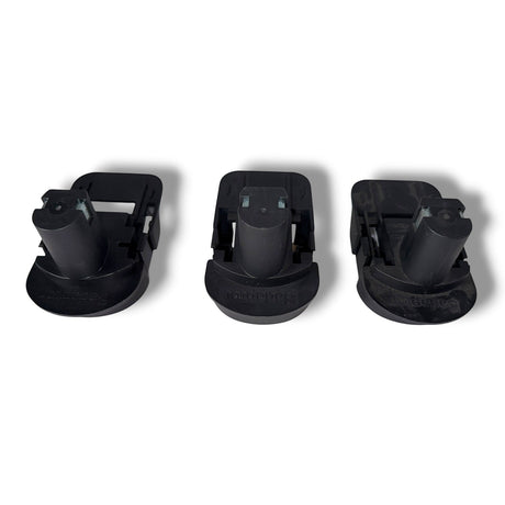 Anson PDR Trifecta adapters convert Ryobi batteries for Makita, DeWalt, and Milwaukee tools. Black plastic battery adapters.