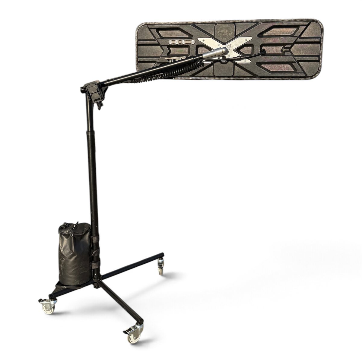 Anson PDR BLE X light stand with Elimadent X-Factor LED light, rolling base, and battery-on-board claw mount.